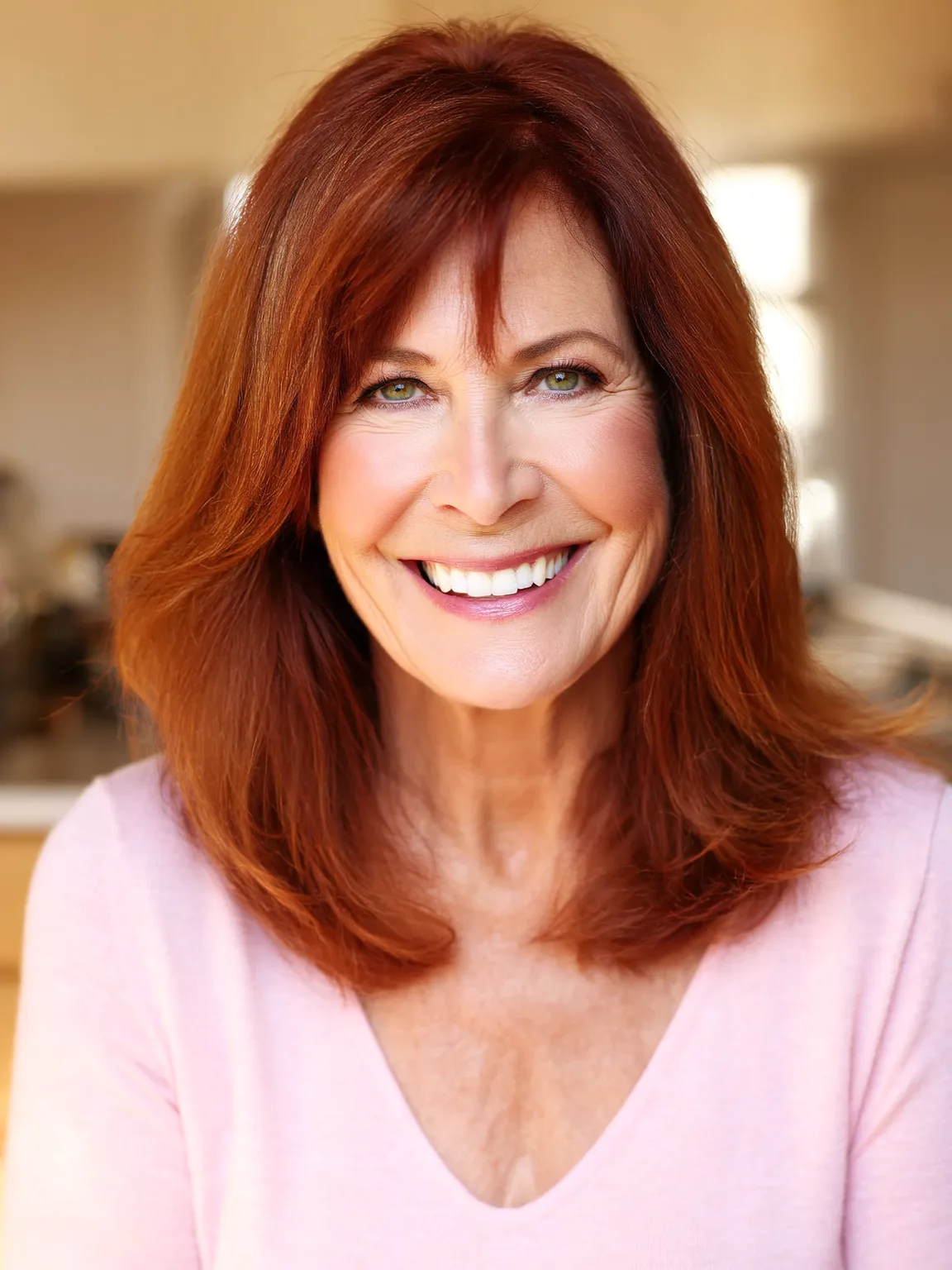 Rich Auburn Layered Lob with Side-Swept Bangs